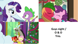 Size: 2544x1448 | Tagged: safe, edit, edited screencap, screencap, big macintosh, discord, fluttershy, rarity, spike, sugar belle, dragon, pegasus, pony, unicorn, best gift ever, mistletoe, winged spike