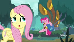 Size: 1920x1080 | Tagged: safe, screencap, fluttershy, pinkie pie, earth pony, pegasus, pony, yakity-sax, discovery family logo, duo, female, forest, mare, playing instrument, yovidaphone