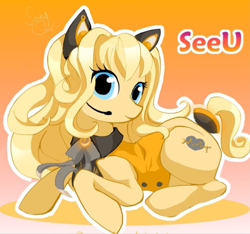 Size: 767x719 | Tagged: safe, artist:canarycharm, earth pony, pony, clothes, female, gradient background, mare, ponified, prone, seeu, solo, vocaloid