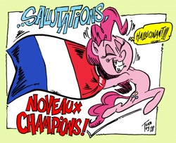 Size: 1280x1043 | Tagged: safe, artist:grotezco, pinkie pie, anthro, unguligrade anthro, congratulations, eyes closed, french flag, skipping, smiling, world cup 2018