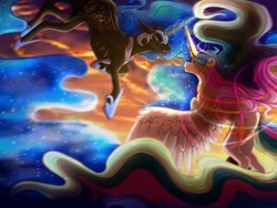 Size: 1024x768 | Tagged: safe, artist:laachrymose, nightmare moon, princess celestia, alicorn, pony, flying, magic