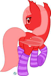 Size: 2026x3009 | Tagged: safe, alternate version, artist:arifproject, oc, oc only, oc:downvote, bat pony, pony, clothes, derpibooru, derpibooru ponified, fangs, hairclip, meta, ponified, rear view, simple background, socks, solo, striped socks, transparent background, vector, vector edit