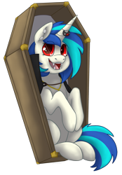 Size: 2079x2994 | Tagged: safe, artist:darkodraco, dj pon-3, vinyl scratch, pony, undead, unicorn, vampire, vampony, coffin, fangs, female, horn, looking at you, mare, open mouth, simple background, singing, solo, transparent background