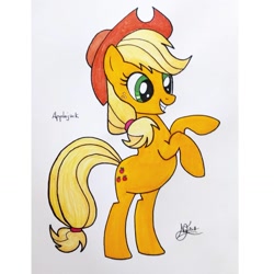 Size: 1769x1769 | Tagged: safe, artist:mrs-kayros, applejack, earth pony, pony, bipedal, female, mare, rearing, solo, traditional art