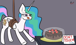 Size: 1500x900 | Tagged: safe, artist:riotsweetly, princess celestia, alicorn, pony, cake, cakelestia, female, food, humor, mare, rope, simple background, solo, strawberry, sweat, tongue out