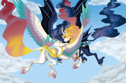 Size: 2732x1800 | Tagged: safe, artist:empressspacegoat, princess celestia, princess luna, alicorn, classical unicorn, pony, alternate design, armlet, bat wings, bracelet, cloud, cloven hooves, colored wings, curved horn, cutie mark, duo, duo female, ethereal mane, eyes closed, female, flying, halo, horn, jewelry, leonine tail, mare, multicolored wings, nuzzling, peytral, royal sisters, siblings, sisterly love, sisters, sky, spread wings, starry mane, tail feathers, unshorn fetlocks, wings