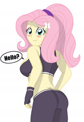 Size: 1292x1867 | Tagged: safe, artist:sumin6301, fluttershy, equestria girls, adorasexy, ass, blushing, breasts, clothes, cute, dialogue, female, fingerless gloves, flutterbutt, gloves, hootershy, looking at you, looking back, looking back at you, midriff, pants, sexy, shyabetes, sideboob, smiling, solo, speech bubble, sports bra, sports outfit, yoga pants