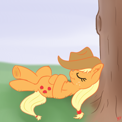 Size: 2000x2000 | Tagged: safe, artist:yakoshi, applejack, earth pony, pony, applejack's hat, chest fluff, cowboy hat, ear fluff, eyes closed, hat, hat over eyes, nap, on back, profile, sleeping, solo, tree, under the tree