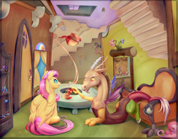 Size: 2000x1571 | Tagged: safe, artist:viwrastupr, discord, fluttershy, pinkie pie, princess celestia, alicorn, draconequus, earth pony, pegasus, pony, tatzlwurm, cup, discord's house, door, flower, food, lamp, pinklestia, sofa, stairs, tea, tea party, teacup, teapot, toy, upside down, window