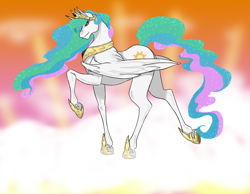 Size: 1896x1474 | Tagged: safe, artist:empressspacegoat, princess celestia, alicorn, pony, cloud, ethereal mane, female, hoers, mare, raised hoof, solo