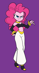 Size: 1700x3200 | Tagged: safe, artist:khuzang, pinkie pie, equestria girls, >:), android, android 21, belly button, belt, bracelet, clothes, cosplay, costume, djinn, dragon ball fighterz, evil grin, genie, jewelry, majin, majin android 21, midriff, necklace, pants, purple background, shoes, simple background, smiling, smirk, solo