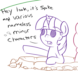 Size: 1967x1800 | Tagged: safe, artist:sykobelle, twilight sparkle, dialogue, empty eyes, hole, no catchlights, no pupils, partial color, pointing, simple background, sketch, solo focus, white background