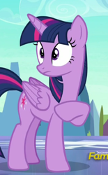 Size: 273x441 | Tagged: safe, derpibooru import, screencap, twilight sparkle, twilight sparkle (alicorn), alicorn, pony, the times they are a changeling, discovery family logo, solo