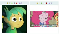 Size: 681x395 | Tagged: safe, edit, edited screencap, screencap, pinkie pie, snails, equestria girls, friendship games, legend of everfree, ares, derpibooru, eyes closed, god of war, juxtaposition, meme, meta, pinkie pie praying