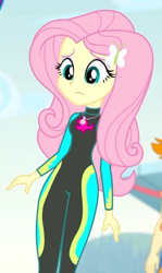 Size: 318x532 | Tagged: safe, screencap, fluttershy, valhallen, better together, blue crushed, equestria girls, clothes, cropped, geode of fauna, magical geodes, offscreen character, solo, swimsuit, wetsuit