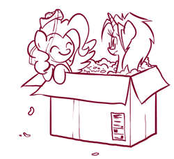 Size: 800x728 | Tagged: dead source, safe, artist:willdrawforfood1, surprise, oc, pegasus, pony, unicorn, g1, box, duo, female, g1 to g4, generation leap, mare, monochrome, pony in a box, smiling, tape