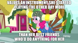 Size: 888x499 | Tagged: safe, edit, edited screencap, screencap, pinkie pie, earth pony, pony, yakity-sax, image macro, meme, text, yovidaphone, yovidapie