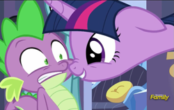 Size: 733x466 | Tagged: safe, derpibooru import, screencap, spike, twilight sparkle, twilight sparkle (alicorn), alicorn, dragon, pony, the times they are a changeling, discovery family logo, out of context