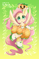 Size: 865x1280 | Tagged: safe, artist:bbtasu, fluttershy, pegasus, pony, bow, clothes, dress, female, looking at you, mare, nightmare night, pumpkin, solo, spread wings, wings