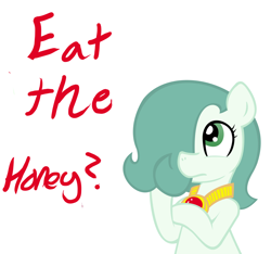 Size: 1500x1406 | Tagged: safe, artist:ficficponyfic, edit, oc, oc only, oc:emerald jewel, earth pony, pony, amulet, child, color, colored, colt, colt quest, cyoa, femboy, foal, hair over one eye, male, question mark, simple background, solo, story included, thinking, vector, white background