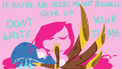 Size: 800x450 | Tagged: safe, artist:eqq_scremble, derpibooru exclusive, pinkie pie, earth pony, pony, yakity-sax, depression, lineless, long description, musical instrument, op has a point, op has opinions, pinkamena diane pie, rant in the description, text, yovidaphone