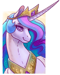 Size: 649x803 | Tagged: safe, alternate version, artist:dragonademetal, princess celestia, alicorn, pony, abstract background, beautiful, bust, chestplate, crown, curved horn, ethereal mane, female, flowing mane, jewelry, lidded eyes, looking at you, mare, multicolored mane, peytral, portrait, purple eyes, regalia, smiling, solo