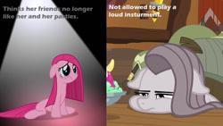 Size: 1280x720 | Tagged: safe, edit, edited screencap, screencap, pinkie pie, earth pony, pony, party of one, yakity-sax, comparison, depressed, female, floppy ears, food, frown, ice cream, leaning, lidded eyes, mare, odd priorities, op has a point, pinkamena diane pie, sitting, spotlight, squishy cheeks, sundae, text, truth, wavy mouth