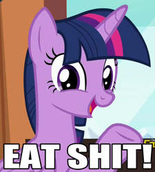 Size: 850x946 | Tagged: safe, derpibooru import, edit, edited screencap, screencap, twilight sparkle, twilight sparkle (alicorn), alicorn, pony, the times they are a changeling, eat shit, solo, vulgar