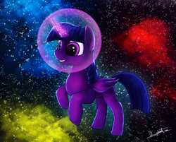 Size: 2470x1986 | Tagged: safe, artist:dkghost, derpibooru import, twilight sparkle, twilight sparkle (alicorn), alicorn, pony, floating, nebula, newbie artist training grounds, solo, space, space helmet