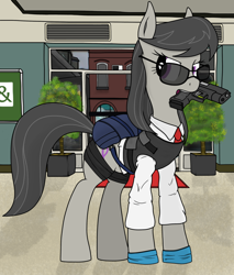 Size: 2178x2560 | Tagged: safe, artist:xphil1998, octavia melody, earth pony, pony, body armor, clothes, crossover, glock, gloves, gun, harvest and trustee, mouth hold, necktie, payday 2, pistol, potted plant, sunglasses, weapon