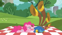 Size: 1193x670 | Tagged: safe, pinkie pie, earth pony, pony, yakity-sax, cargo ship, female, mare, picnic, picnic blanket, prone, shipping, yovidaphone, yovidapie