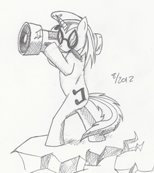 Size: 1144x1282 | Tagged: safe, artist:arctic-lux, dj pon-3, vinyl scratch, pony, bass cannon, bipedal, monochrome, solo, traditional art