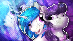 Size: 3840x2160 | Tagged: safe, artist:lupiarts, dj pon-3, octavia melody, vinyl scratch, earth pony, pony, unicorn, female, lesbian, mare, one eye closed, open mouth, scratchtavia, shipping, smiling, wink