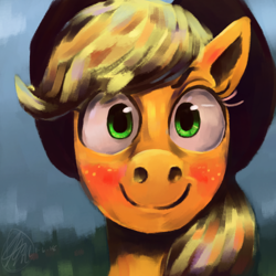 Size: 1000x1000 | Tagged: safe, artist:toisanemoif, applejack, earth pony, pony, adoracreepy, creepy, cute, looking at you, smiling, solo, uncanny valley, wat