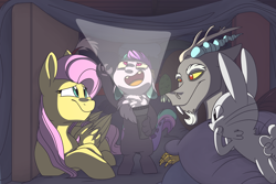 Size: 3000x2000 | Tagged: safe, artist:glitterstar2000, angel bunny, discord, fluttershy, oc, oc:nayade, draconequus, hybrid, pegasus, pony, auntie fluttershy, bipedal, draconequus oc, dramatic lighting, female, flashlight (object), interspecies offspring, offspring, parent:discord, parent:princess celestia, parents:dislestia, pillow, pillow fort