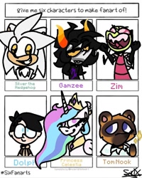 Size: 768x960 | Tagged: safe, alternate version, artist:sakixdeviantart, princess celestia, alicorn, pony, raccoon, animal crossing, anthro with ponies, bust, camp camp, clothes, ethereal mane, female, frown, gamzee makara, homestuck, invader zim, jewelry, male, mare, peytral, silver the hedgehog, six fanarts, smiling, sonic the hedgehog (series), tiara, tom nook