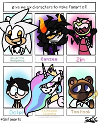 Size: 768x960 | Tagged: safe, alternate version, artist:sakixdeviantart, princess celestia, alicorn, pony, raccoon, animal crossing, anthro with ponies, bust, camp camp, clothes, ethereal mane, female, frown, gamzee makara, homestuck, invader zim, jewelry, male, mare, peytral, silver the hedgehog, six fanarts, smiling, sonic the hedgehog (series), tiara, tom nook