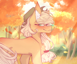 Size: 800x667 | Tagged: safe, artist:riressa, applejack, earth pony, pony, forest, leaves, solo, straw, straw in mouth