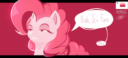 Size: 1280x577 | Tagged: safe, artist:roda11, pinkie pie, earth pony, pony, dialogue, female, mare, pink background, simple background, solo