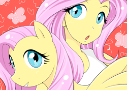 Size: 4093x2894 | Tagged: safe, artist:bonoramo, fluttershy, human, pegasus, pony, equestria girls, clothes, female, looking at you, mare, self ponidox, shirt