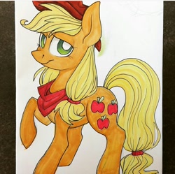 Size: 720x718 | Tagged: safe, applejack, earth pony, pony, bandana, drawing, female, instagram, irl, mare, photo, raised hoof, solo, traditional art