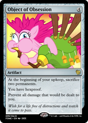 Size: 375x523 | Tagged: safe, edit, pinkie pie, pony, yakity-sax, ccg, female, magic the gathering, mare, obsession, puffy cheeks, trading card, trading card edit, wide eyes, yovidaphone, yovidapie