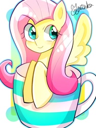 Size: 900x1200 | Tagged: safe, artist:yuyutsuka_0130, fluttershy, pegasus, pony, cup, cute, female, mare, shyabetes, solo