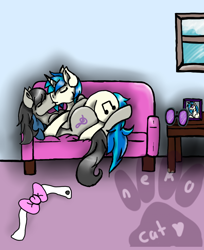 Size: 726x888 | Tagged: safe, artist:princessscarredheart, dj pon-3, octavia melody, vinyl scratch, earth pony, pony, female, kissing, lesbian, making out, scratchtavia, shipping, sofa, watermark