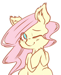 Size: 392x485 | Tagged: safe, artist:hamanaki, fluttershy, pegasus, pony, blushing, ear fluff, female, hooves to the chest, looking at you, mare, one eye closed, simple background, smiling, solo, white background