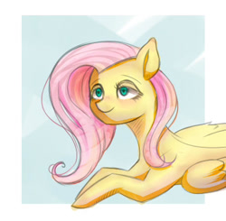 Size: 459x450 | Tagged: safe, artist:hamanaki, fluttershy, pegasus, pony, abstract background, female, mare, prone, solo