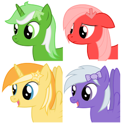 Size: 2835x2835 | Tagged: safe, artist:joey, oc, oc only, oc:comment, oc:downvote, oc:favourite, oc:upvote, alicorn, earth pony, pegasus, pony, unicorn, .svg available, april fools, april fools 2017, arrow, bust, collage, derpibooru, derpibooru ponified, female, floppy ears, frown, hairclip, icon, mare, meta, open mouth, ponified, portrait, quartet, ribbon, side view, simple background, smiling, solo, speech bubble, spread wings, stars, svg, symbol, transparent background, vector, wings