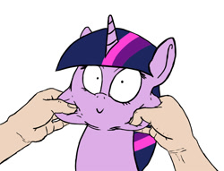 Size: 1000x762 | Tagged: safe, artist:slamjam, twilight sparkle, human, :>, cheek pinch, faic, hand, looking at you, offscreen character, pinch, simple background, smiling, squishy cheeks, stretchy, this will end in tears and/or death, white background, wide eyes