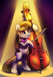 Size: 1500x2200 | Tagged: safe, artist:renokim, octavia melody, earth pony, pony, bipedal, cello, cute, female, looking up, mare, musical instrument, solo, spotlight