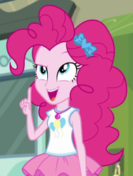 Size: 544x718 | Tagged: safe, screencap, pinkie pie, equestria girls, equestria girls series, stressed in show, stressed in show: pinkie pie, cropped, geode of sugar bombs, hairband, jewelry, looking up, necklace, open mouth, open smile, rah rah skirt, raised eyebrow, smiling, solo